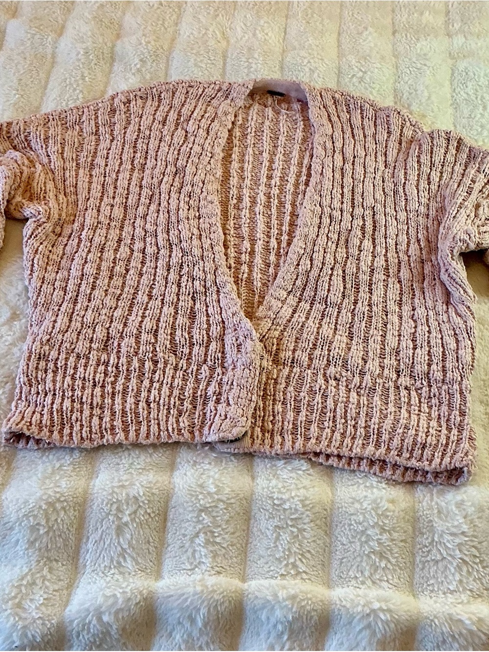 FREE PEOPLE BLUSH PINK TEXTURED OPEN FRONT CHENILLE KNIT CARDIGAN (XS) - Picture 8 of 8